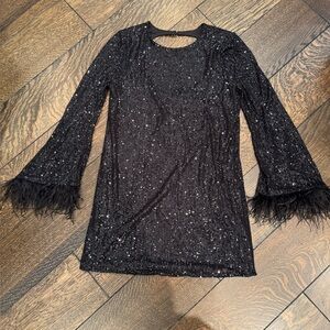 Black Sequined Dress with Feather Details